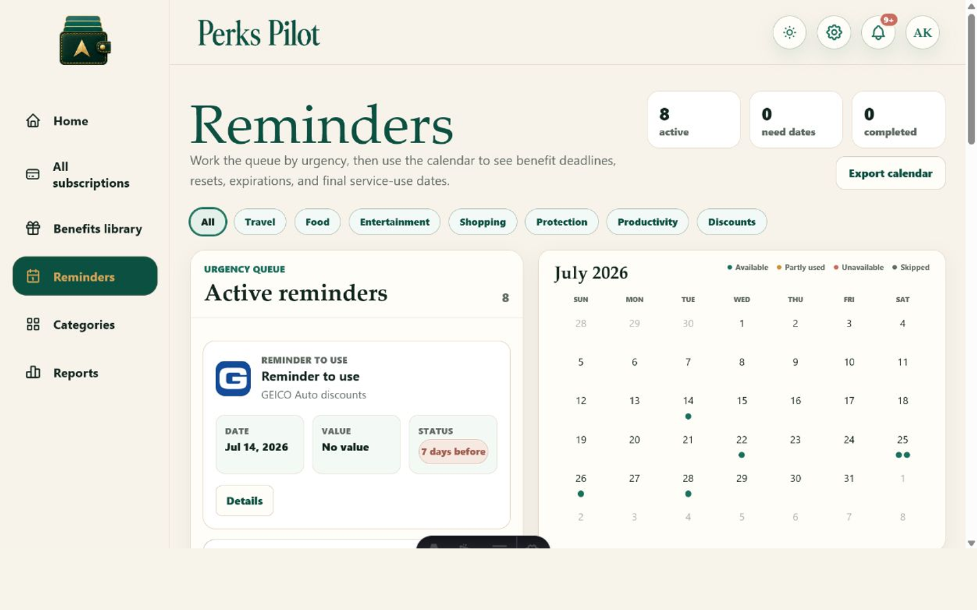 Perks Pilot reminders page
