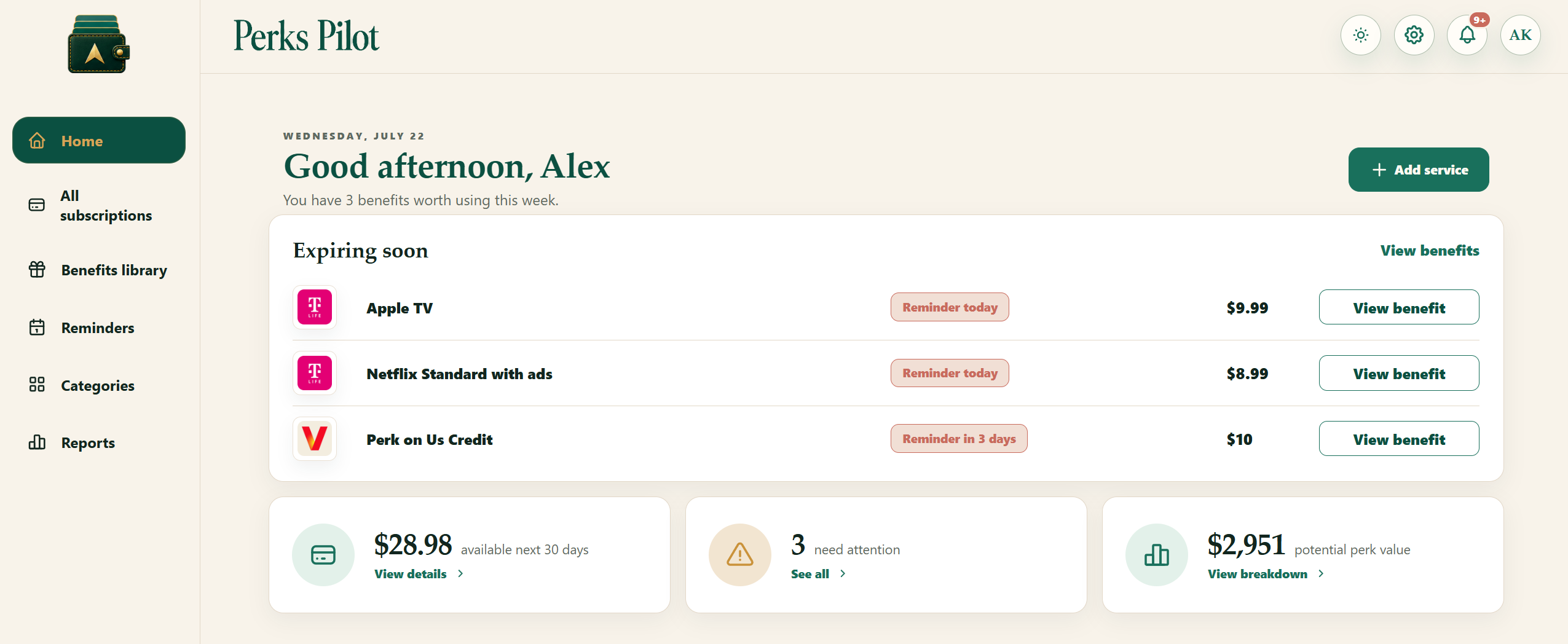 Perks Pilot home dashboard with three expiring benefits